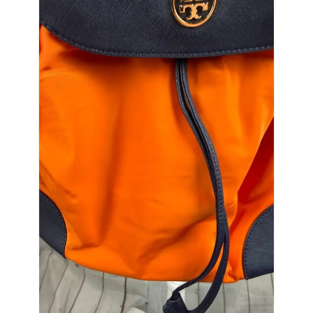 TORY BURCH Dena dark blue orange nylon drawstring flap backpack